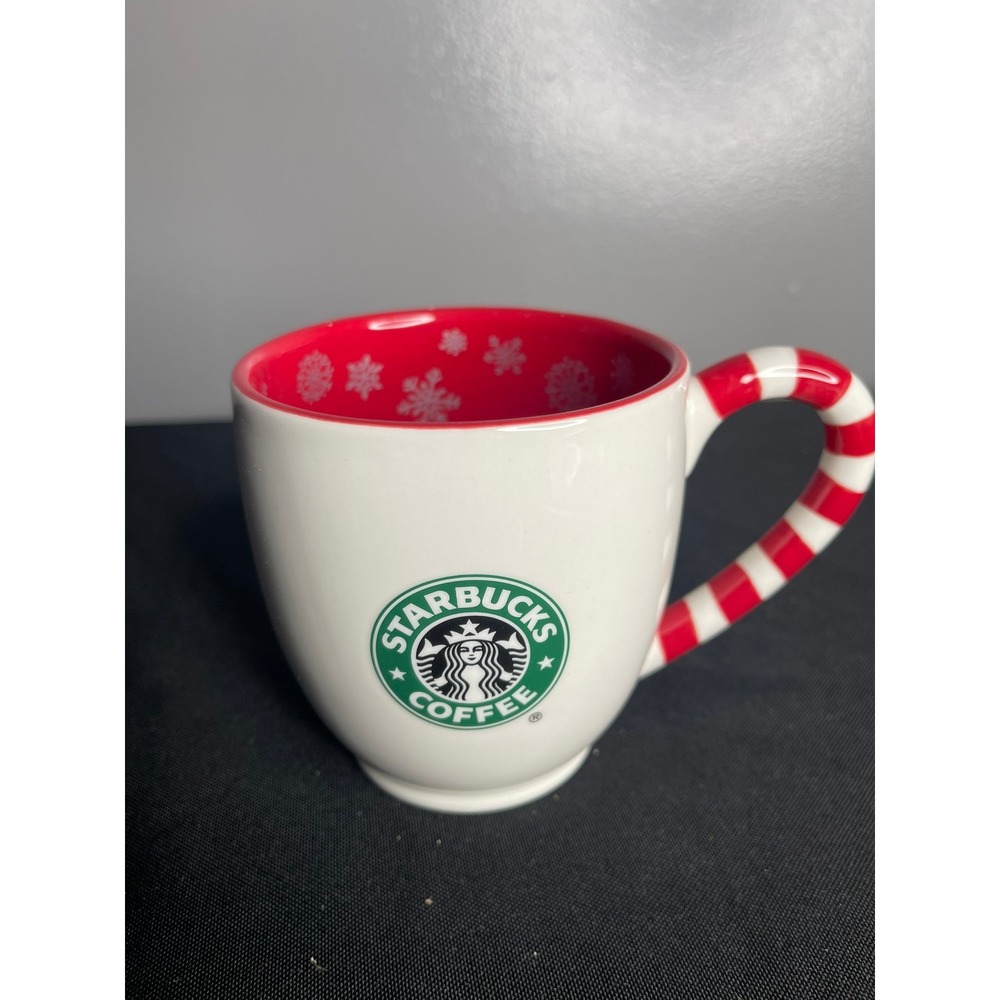Starbucks 2010 Holiday Mug Candy Cane Handle Snowflake Red Interior Bone China